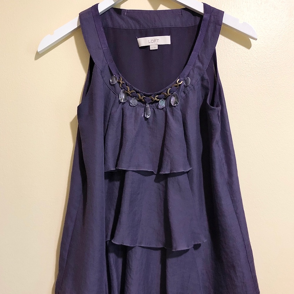 Ann Taylor LOFT | Sleeveless Purple Ruffled Blouse Bejeweled chain Neck - Picture 2 of 4